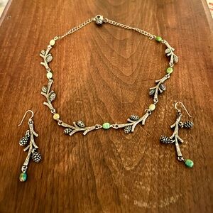 Silver branch and pine cone necklace and earrings set